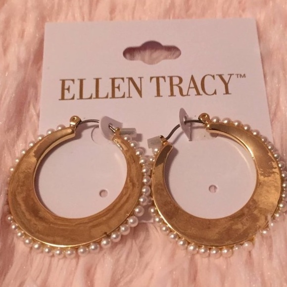 NWT Ellen Tracy Gold Hoop Pearl Earrings - Picture 2 of 2
